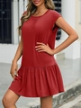Summer red cotton A-line dress with round neck and ruffled hem in outdoor street view - S / Rouge Red