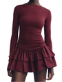 Elegant wine red off-shoulder long sleeve slimming dress with double-layered ruffle hem - S / Burgundy