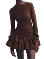 Deep brown slim-fit mini dress with long sleeves and tiered ruffle hemline - S / Dark Brown
