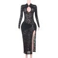 Detail of black floral lace dress with chest cutout and high side slit design - S / Black