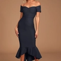 Dettaglio di un abito a sirena con spalle scoperte, orlo a balze e design a vestibilità slim - S / Nero