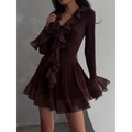 Minivestido de malla marrón chocolate con cuello en V, volantes y mangas acampanadas - S / Rojo Oscuro