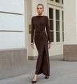Detail of elegant dark brown long-sleeved dress with waist knot and drapes - S / Coffee