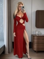 Elegantes rotes Langarmkleid mit Taillenausschnitt und hohem Schlitz für das Bankett - S / Rot