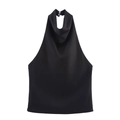 Detalle de un top de satén negro con cuello halter alto y botones blancos traseros - S / Negro
