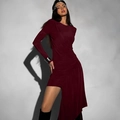 Detail of wine red slim fit dress showing ruched waist and asymmetric hem design - S / Burgundy