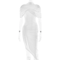 Détail de la robe drapée blanche sans manches avec col montant et ourlet asymétrique - S / Blanc