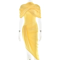 Robe mi-longue jaune plissée élégante avec un détail d'ourlet asymétrique croisé - S / Jaune