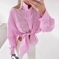 Camisa de algodón a rayas rosas con cuello alto y estilo casual con botones - S / Rosa