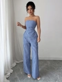 Elegantes Set aus blau-weiß gestreiftem Bustier-Oberteil und weiter Hose für Damen - S / Blau