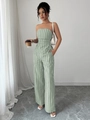 Elegantes salbeigrünes Streifen-Set mit schulterfreiem Top und hoch taillierter weiter Hose - S / Hellgrün
