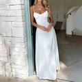 Elegant white spaghetti strap A-line midi dress with waist tie and pleated bodice detail - S / White