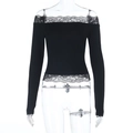 Detail of long sleeve off-shoulder top with floral lace trim and knit fabric texture - XS / Black