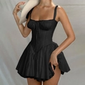 Detail of corset-style bodice with delicate lace trim and ribbon bow on black mini dress - S / Black