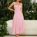 Detail of pink spaghetti strap dress showing drawstring bust and cinched waist design - XS / Pink