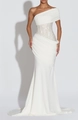 Elegante abito a sirena bianco monospalla con vita di paillettes e pieghe - S / Bianco