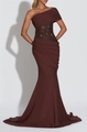 Elegante abito da sera monospalla marrone scuro con vita di paillettes e drappeggio - S / Marrone Scuro