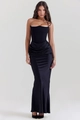 Detalle de un elegante vestido corsé negro con pliegues en cintura y falda de raso - XS / Negro