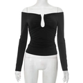 Slim fit black long sleeve off-shoulder top with U-shaped cutout and ruched chest detail - S / Black