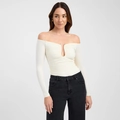 Chic off-shoulder cream long sleeve top with ruched front and metal U-buckle detail - S / Apricot