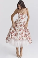 Detail of French floral dress with layered mesh tutu skirt and rose print patterns - Italian Rose Floral