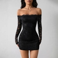 Elegant off-shoulder black lace mini dress with long sleeves and slim fit design - S / Black