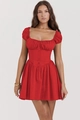 Vue détaillée de la robe bustier rouge à boutons décoratifs et manches bouffantes - S / Rouge