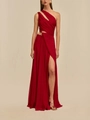 Deep red one-shoulder dress with waist cutout, metal ring detail, and high side slit - S / Red