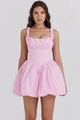 Detailed front view of pink bubble skirt mini dress with corset waist and square neckline - S / Pink