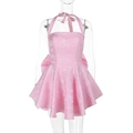 Pink jacquard halter neck dress with floral texture and back bow on display - S / Pink