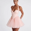 Pink balletcore corset dress with fishtone boning and layered tulle skirt details - S / Pink