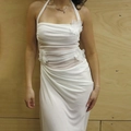 Detail of elegant white halter dress showing intricate 3D mesh flower waist embellishments - S / White
