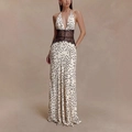 Polka dot maxi dress with halter V-neck and black lace waist insert for women - S / Polka Dot