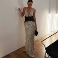 Deep V-neck halter maxi dress featuring polka dots and black lace patchwork detail - S / Polka Dot (96% Polyester + 4% Spandex)