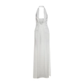 Elegant white halter neck backless maxi dress with pleated V-neckline for summer - S / White