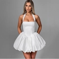 Abito bianco all'americana con corpino stile corsetto e gonna a palloncino ampia - S / Bianco