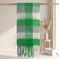 Thick mohair-style plaid scarf in green, grey, and cream with long decorative tassels - Green Grey Off-White Plaid (25#)