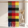 Colorful plaid mohair scarf with fringe detail on a wooden display stand - Red Yellow Blue Green Plaid (14#)