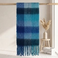 Blue plaid mohair scarf with long fringe hanging on a wooden stand in a bright room - 38x205cm+17cm*2 / Blue Series Plaid (2#)