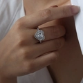 Silver open ring with heart-shaped halo zircon and textured band for women - Size 7 (Adjustable) / Vintage Beaded Heart Style (A583) / A583-Steel Color White Zirconia