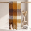 Thick checkered scarf with long tassels in dark brown and mustard yellow mohair texture - 38x205cm+17cm*2 / Dark Brown Mustard Yellow Beige Plaid (55#)