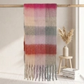 Thick mohair scarf with pink and orange plaid pattern and long tassel details - 38x205cm+17cm*2 / Pink Orange Grey Blue Plaid (6#)