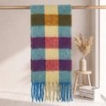 Thick colorful plaid mohair scarf with blue and brown patterns and long tassels - 38x205cm+17cm*2 / Blue Yellow Brown Purple Multi Plaid (43#)