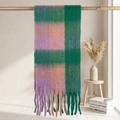 Thick checkered scarf in purple, green, and pink with chunky handmade tassels - 38x205cm+17cm*2 / Pink Green Pink Orange Contrast Plaid (19#)