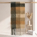 Thick mohair scarf with caramel plaid pattern and long fringe hanging on wood - 38x205cm+17cm*2 / Caramel Beige Brown Black Plaid (28#)