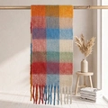 Colorful checkered mohair scarf with long tassels in orange, blue, and green hues - 38x205cm+17cm*2 / Orange Blue Green Red Beige Multi Plaid (35#)