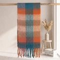 Plaid mohair scarf with thick blue orange and pink checkered pattern and long tassels - 38x205cm+17cm*2 / Blue Orange Pink Contrast Plaid (36#)