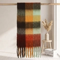 Thick colorful plaid mohair scarf with fringes in caramel and mustard yellow tones - 38x205cm+17cm*2 / Retro Five-color Plaid (9#)