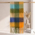 Thick mohair scarf with colorful checkered pattern in blue and green with long tassels - 38x205cm+17cm*2 / Blue Green Yellow Navy Beige Plaid (53#)
