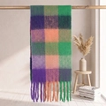 Colorful plaid mohair scarf with purple and green checkered pattern and tassels - 38*205+17*2cm / 62# Purple Green Orange Multi-color Plaid
